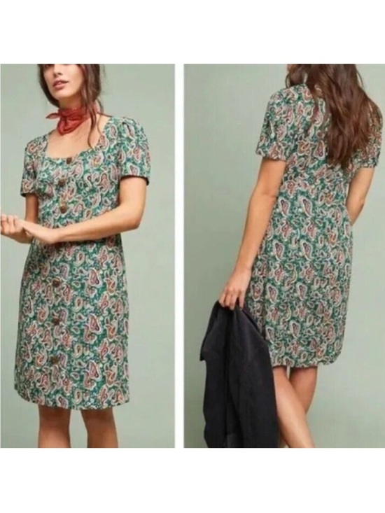Anthropologie Dresses & Skirts - Anthropologie Maeve Green Paisley Short Sleeve Shift Dress. Size 10.